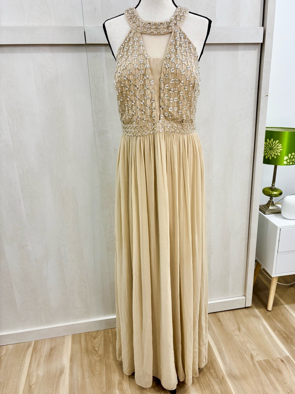 JS Collections Champagne Gold Beaded Halter Evening Gown Maxi Dress Size 10
